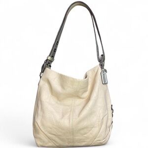 Coach Perforated Signature C Leather Hobo — Ivory / Silver Metallic Strap